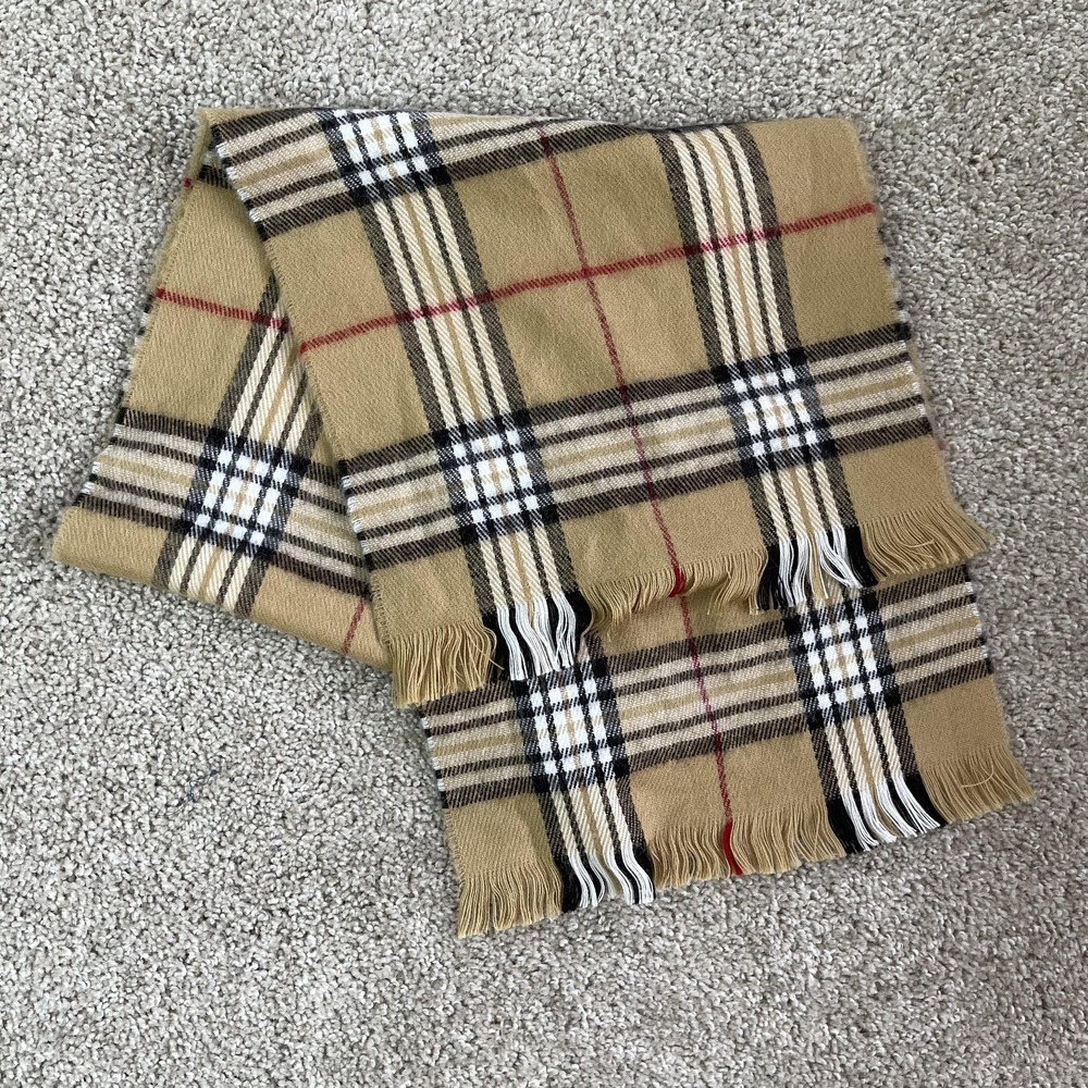 Cashmillon Scarf Womens One Size Beige Plaid Fringe Rectangle Acrylic Mexico
